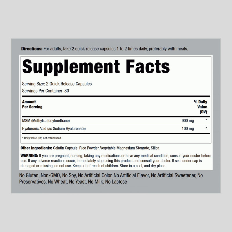 Piping Rock Hyaluronic Acid with MSM 1000mg | 160 Capsules | Pack of 2 | Non-GMO & Gluten Free