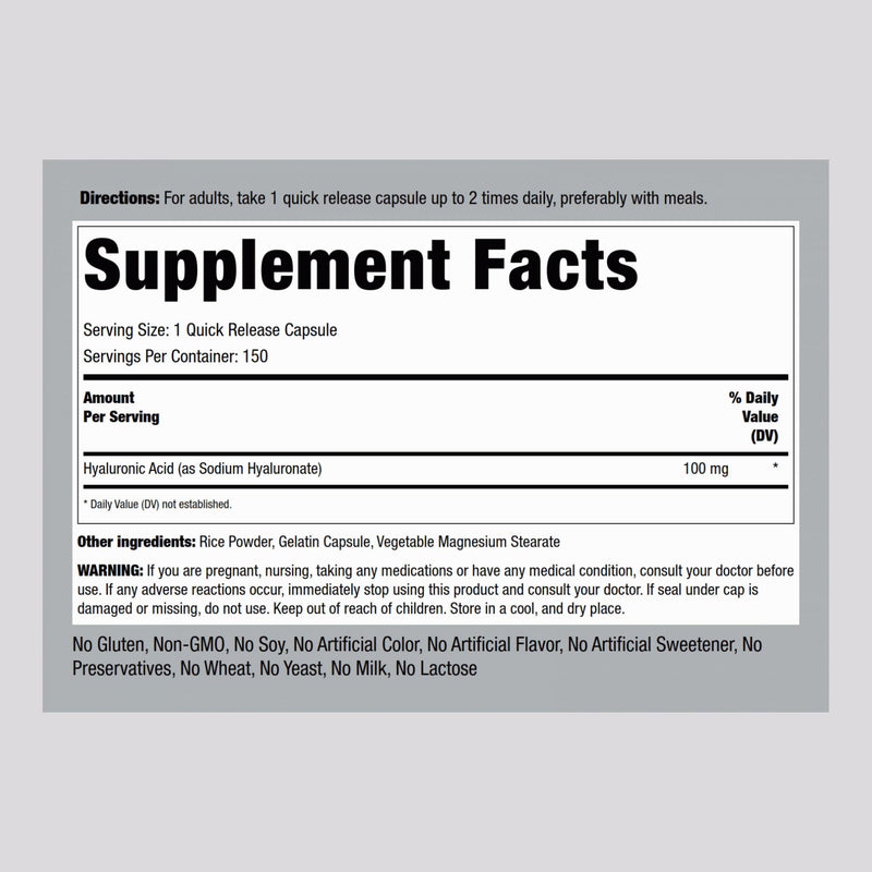 Piping Rock Hyaluronic Acid Supplement | 100 mg | 150 Capsules | Sodium Hyaluronate | Non-GMO, Gluten Free (Pack of 2)