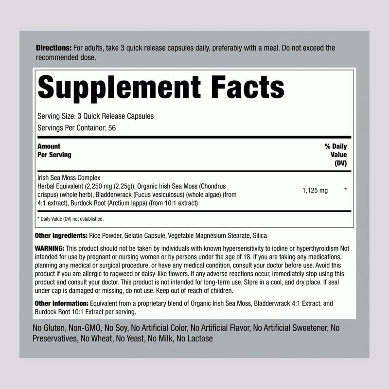 Piping Rock Irish Sea Moss Capsules 2250mg | Bladderwrack & Burdock | Non-GMO & Gluten Free | Pack of 2