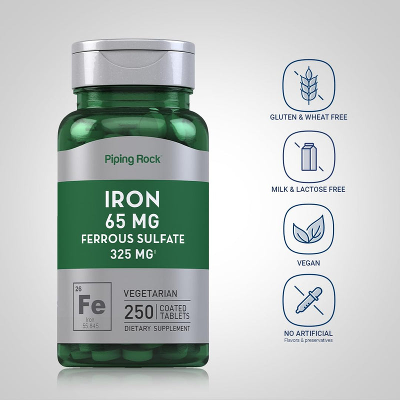 Piping Rock Iron 65mg Ferrous Sulfate | 250 Tablets | High Potency | Pack of 2