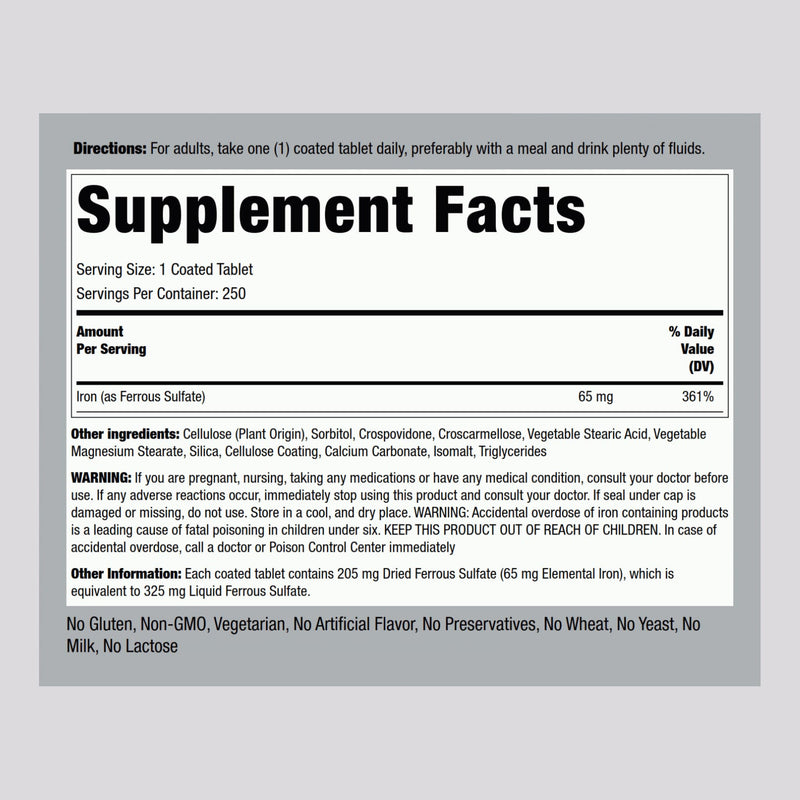 Piping Rock Iron 65mg Ferrous Sulfate | 250 Tablets | High Potency | Pack of 2