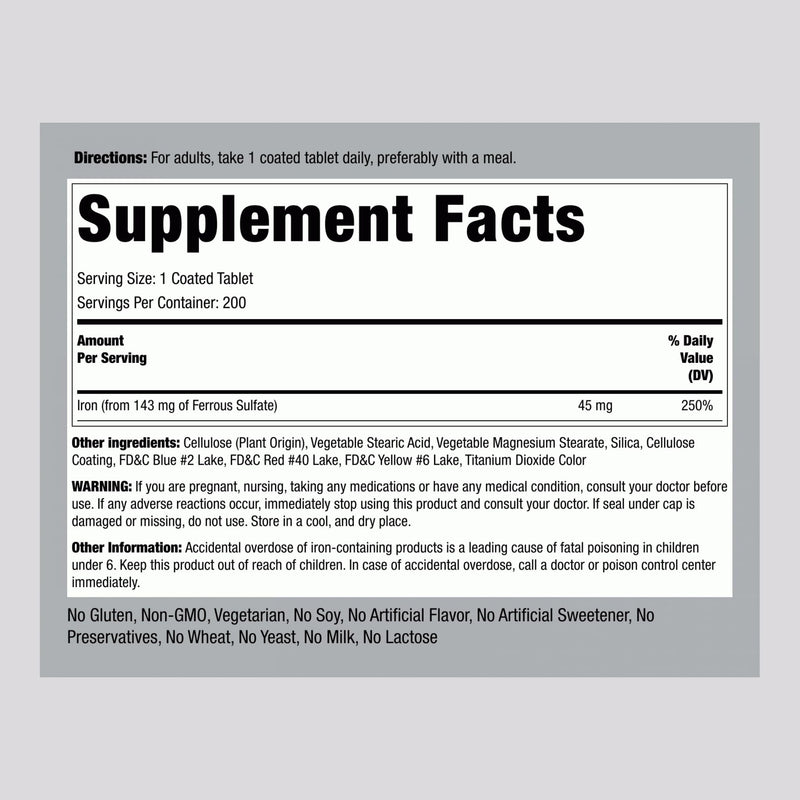 Piping Rock Iron Supplement 45 mg – 200 Tablets – Slow Release Ferrous Sulfate – Vegetarian, Non-GMO & Gluten Free (Pack of 2) | For Women & Men