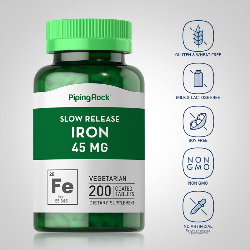 Piping Rock Iron Supplement 45 mg – 200 Tablets – Slow Release Ferrous Sulfate – Vegetarian, Non-GMO & Gluten Free (Pack of 2) | For Women & Men
