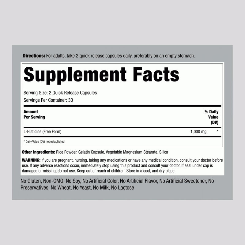 Piping Rock L-Histidine 1000 mg | 60 Capsules | Free Form Supplement | Non-GMO, Gluten Free (Pack of 2)