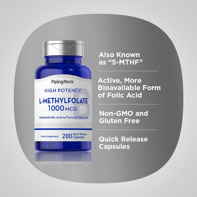 Piping Rock L-Methylfolate 1000 mcg – 200 Capsules (Pack of 2) | Active Folate, Non-GMO, Gluten Free