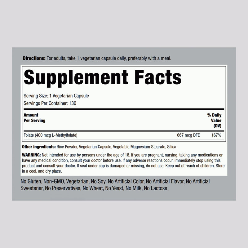 Piping Rock L-MethylFolate Supplement | 400 mcg | 130 Capsules | Pack of 2 | Vegetarian, Vegan | Non-GMO, Gluten Free