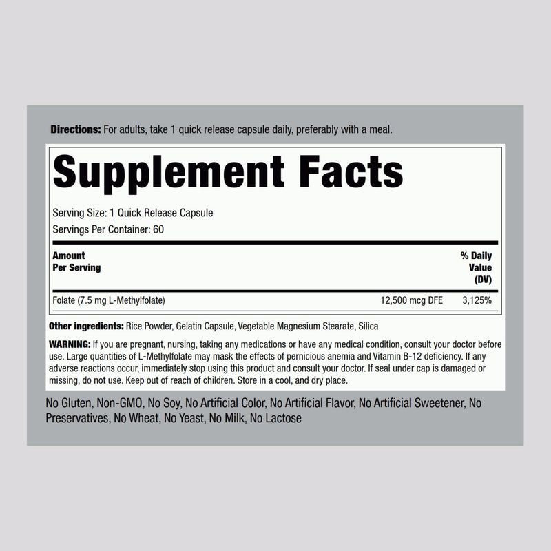 Piping Rock L-Methylfolate 7.5 mg | 60 Capsules | Extra Strength | Active Folic Acid | Non-GMO Gluten Free (Pack of 2)