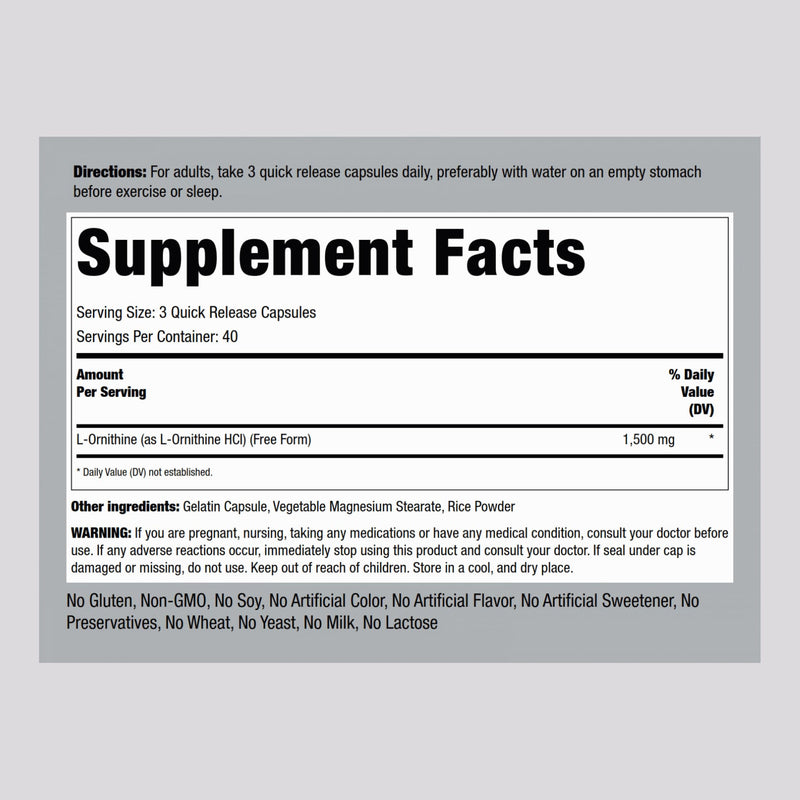 Piping Rock L-Ornithine Supplement 1500 mg – 120 Capsules | Free Form HCl | Non-GMO & Gluten Free (Pack of 2)