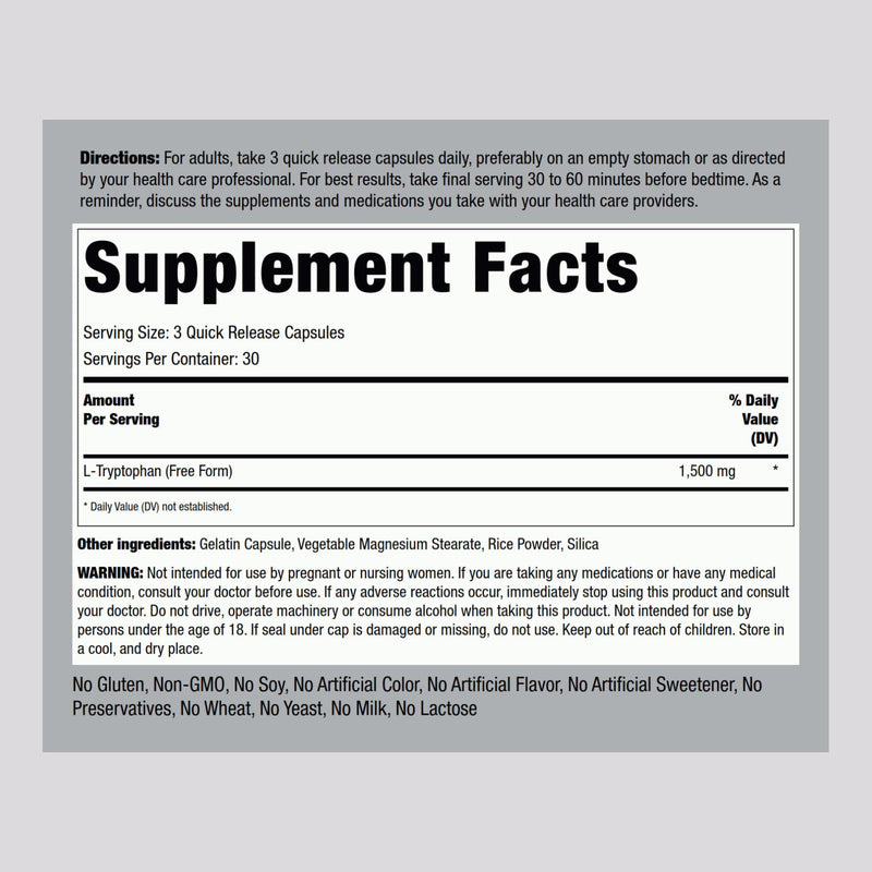 Piping Rock L-Tryptophan 1500mg | 90 Powder Capsules | Non-GMO, Gluten Free