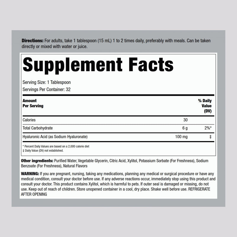 Piping Rock Liquid Hyaluronic Acid Supplement – 100mg, 16 fl oz | Natural Berry Flavor | Vegetarian, Non-GMO, Gluten Free