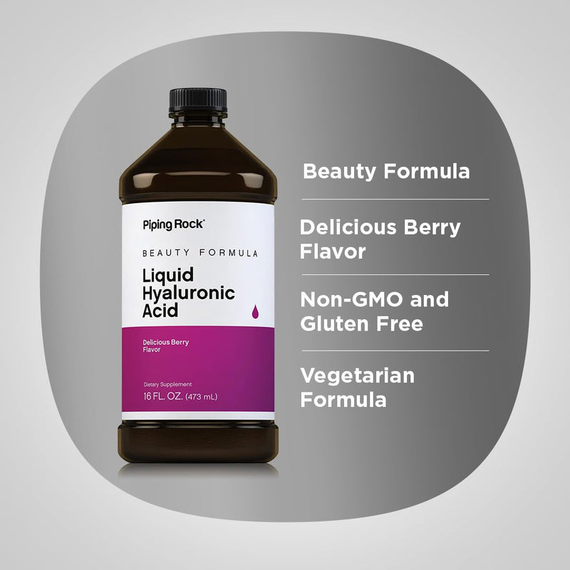 Piping Rock Liquid Hyaluronic Acid Supplement – 100mg, 16 fl oz | Natural Berry Flavor | Vegetarian, Non-GMO, Gluten Free