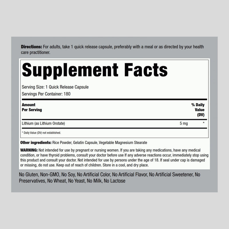 Piping Rock Lithium Orotate 5 mg – 180 Capsules, Non-GMO, Gluten Free (Pack of 2)
