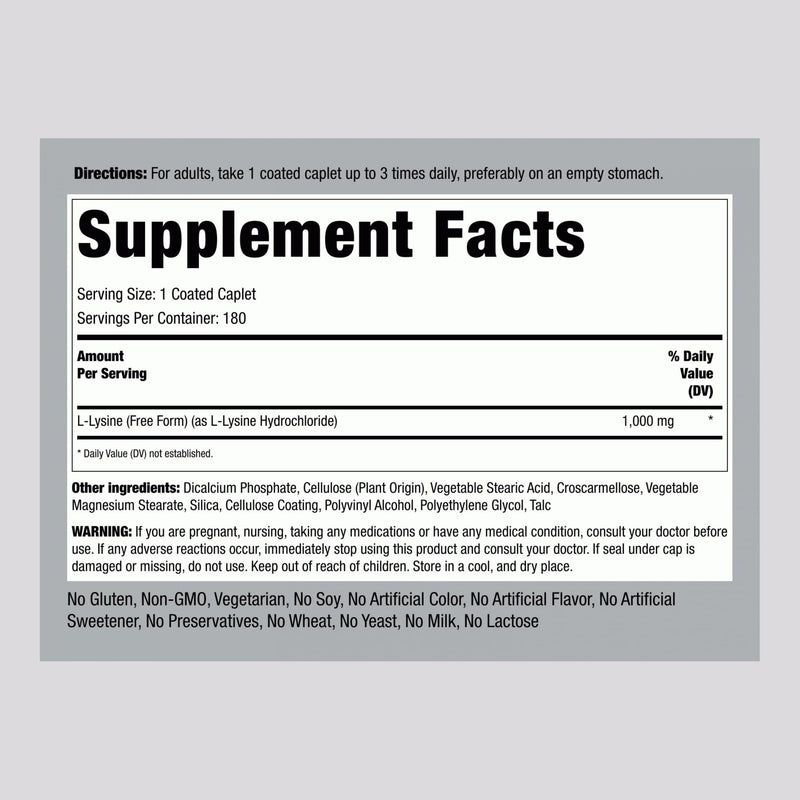 Piping Rock L-Lysine 1000mg | 180 Caplets | Free Form | Vegetarian, Non-GMO, Gluten Free (Pack of 2)