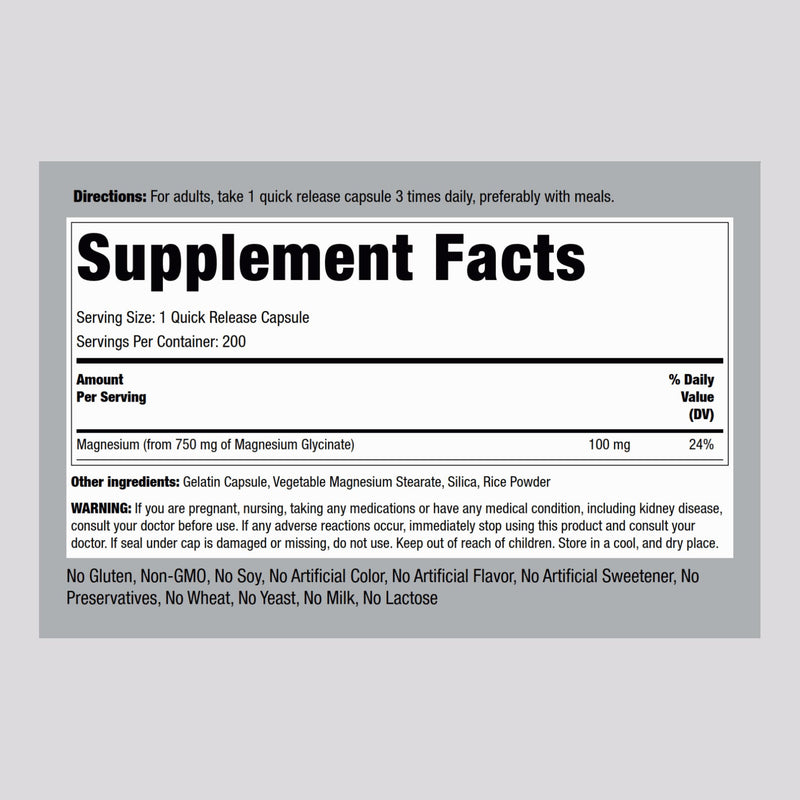 Piping Rock Magnesium Glycinate Capsules | 750mg | 200 Count | High Absorption | Chelated | Non-GMO and Gluten Free Supplement (Pack of 2)