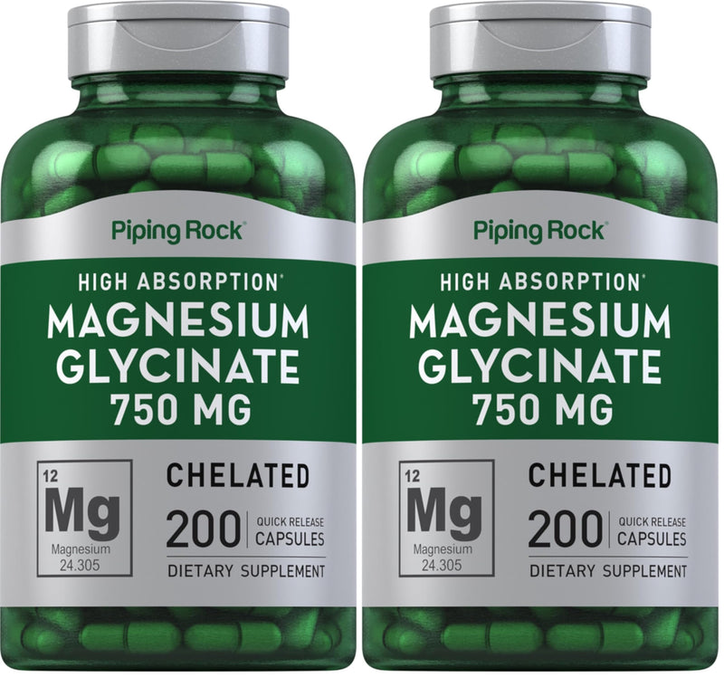 Piping Rock Magnesium Glycinate Capsules | 750mg | 200 Count | High Absorption | Chelated | Non-GMO and Gluten Free Supplement (Pack of 2)