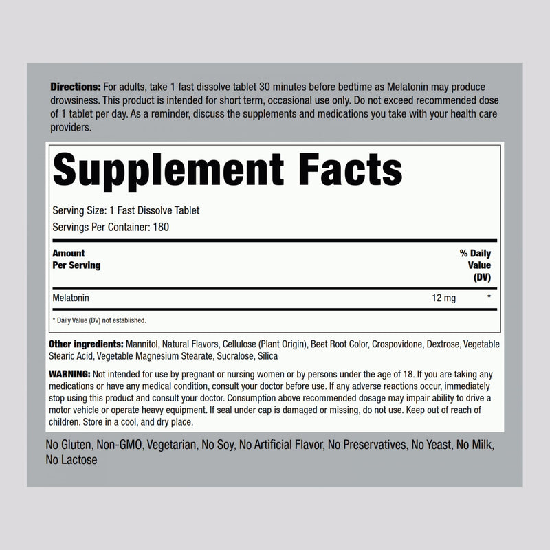 Piping Rock Melatonin 12 mg – 180 Fast-Dissolve Tablets (Berry) – Non-GMO, Gluten Free | Pack of 2