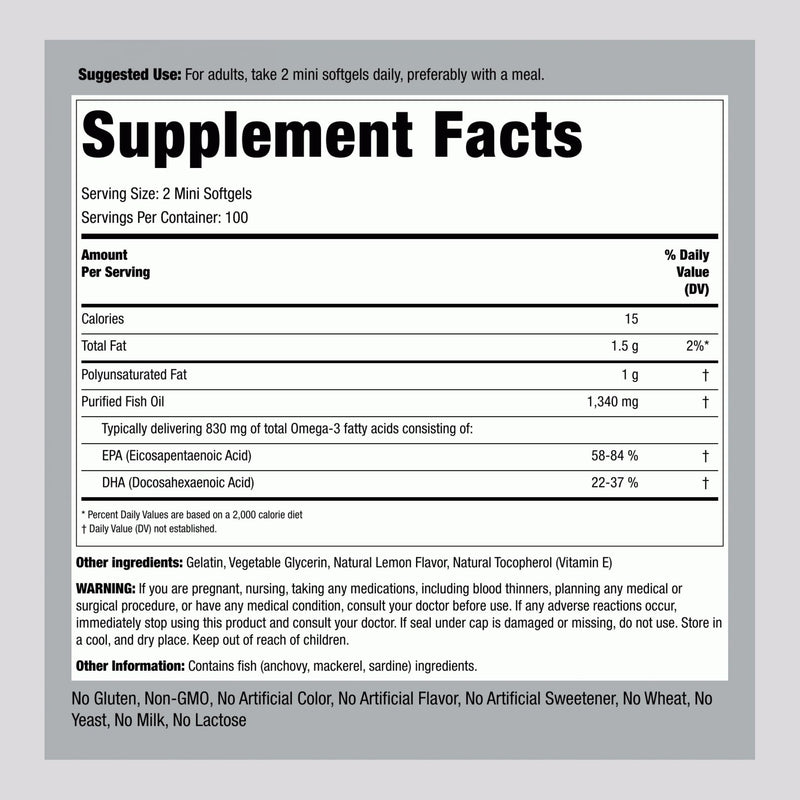 Piping Rock Mini Fish Oil 1340mg | 200 Softgels | Omega-3 Lemon Flavor | Non-GMO & Gluten Free