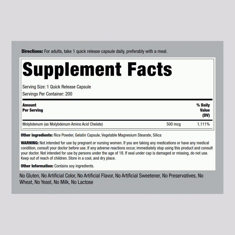 Piping Rock Molybdenum Supplement 500 mcg | 200 Capsules | Pack of 2
