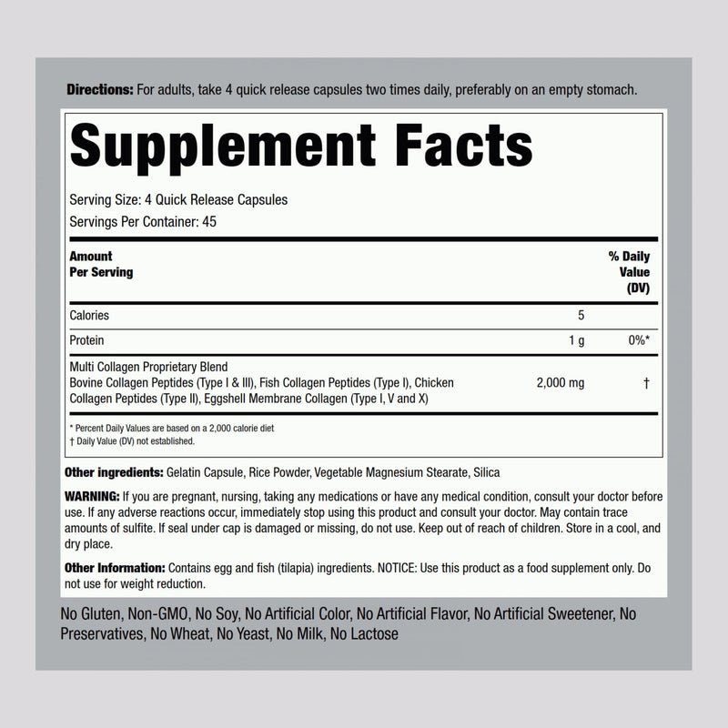 Piping Rock Multi Collagen Protein Capsules | 180 Count | 2000mg | Types I, II, III, V, X | Pack of 2