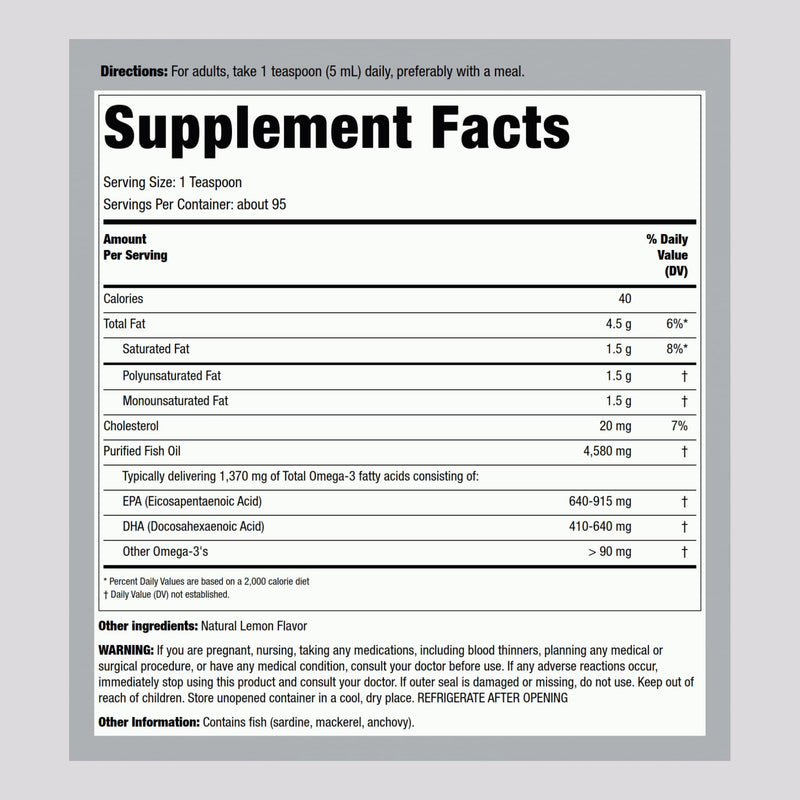 Piping Rock Omega-3 Fish Oil Liquid – 16 oz, 1370 mg Active Omega-3, Lemon