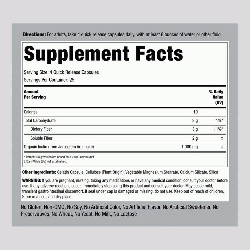 Piping Rock Organic Inulin Capsules 1000 mg - 100 Count | Low Glycemic Fiber | Non-GMO, Gluten Free (Pack of 2)