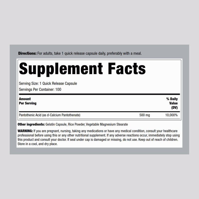 Piping Rock Pantothenic Acid 500mg – 100 Capsules | Calcium d-Pantothenate | Non-GMO, Gluten Free