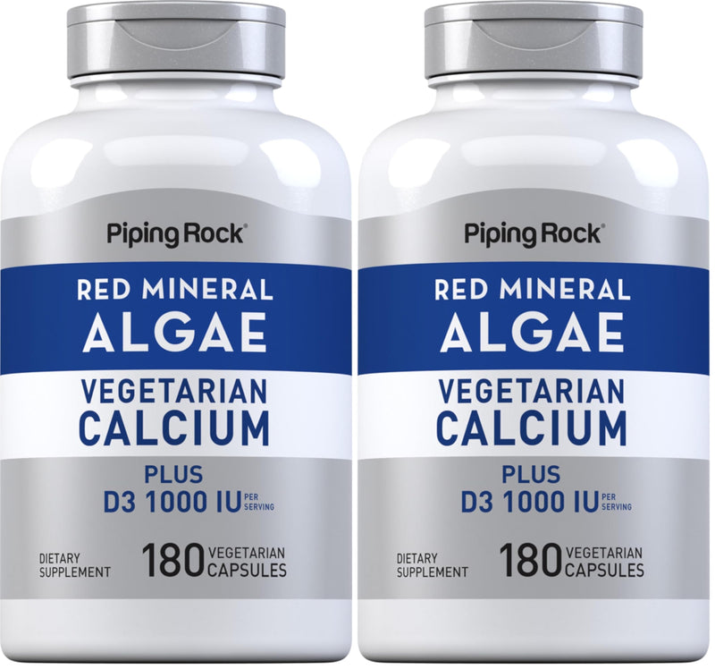 Piping Rock Red Mineral Algae | Vegetarian Calcium | 180 Capsules | Plant Based Plus Trace Minerals | Plus D3 1000 IU | Non-GMO, Gluten Free Supplement (Pack of 2)