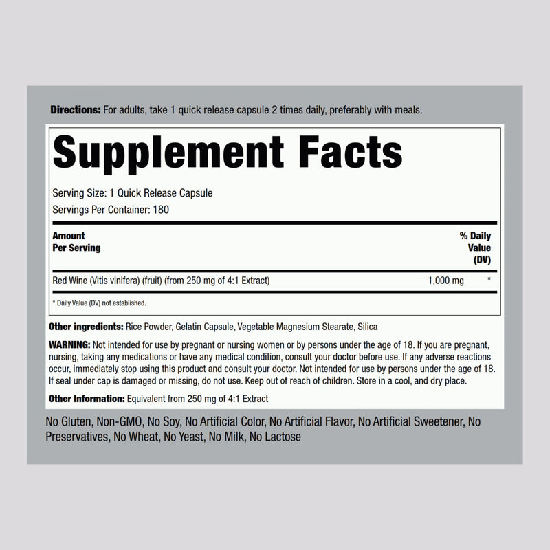 Piping Rock Red Wine Extract Capsules 1000mg | 180 Count | Non-GMO, Gluten Free Supplement (Pack of 2)