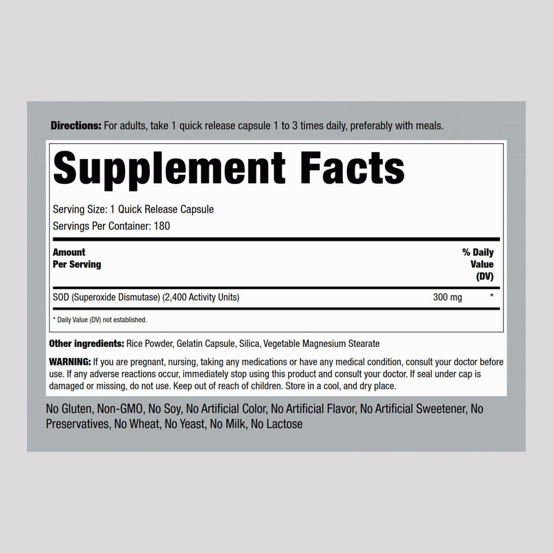 Piping Rock Superoxide Dismutase SOD Supplement 300mg | 180 Capsules | Pack of 2 | Non-GMO & Gluten Free