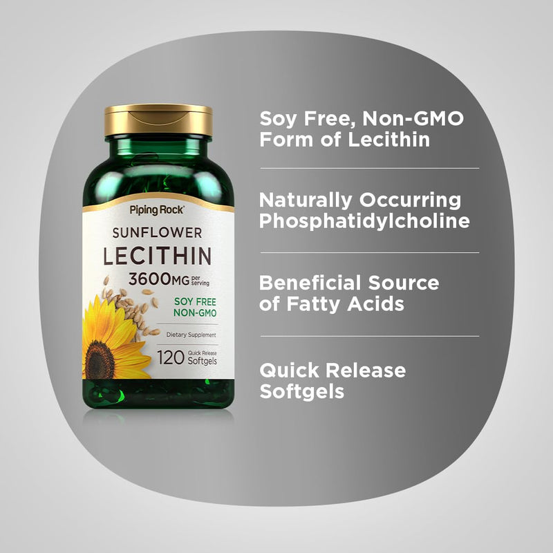 Piping Rock Sunflower Lecithin Softgel Capsules 3600 mg | 120 Count | Phosphatidylcholine | Soy Free, Non-GMO, Gluten Free (Pack of 2)