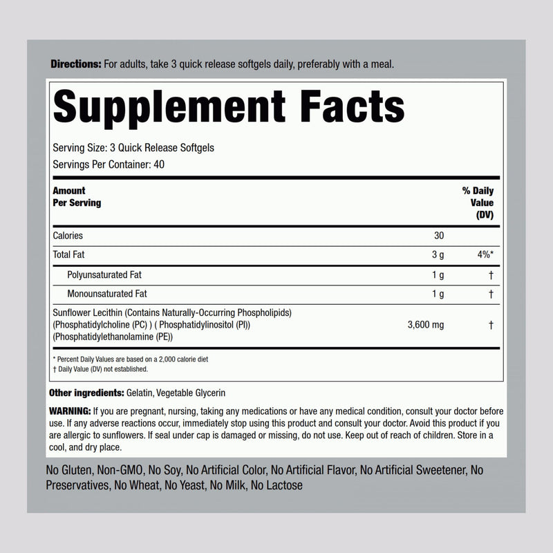 Piping Rock Sunflower Lecithin Softgel Capsules 3600 mg | 120 Count | Phosphatidylcholine | Soy Free, Non-GMO, Gluten Free (Pack of 2)