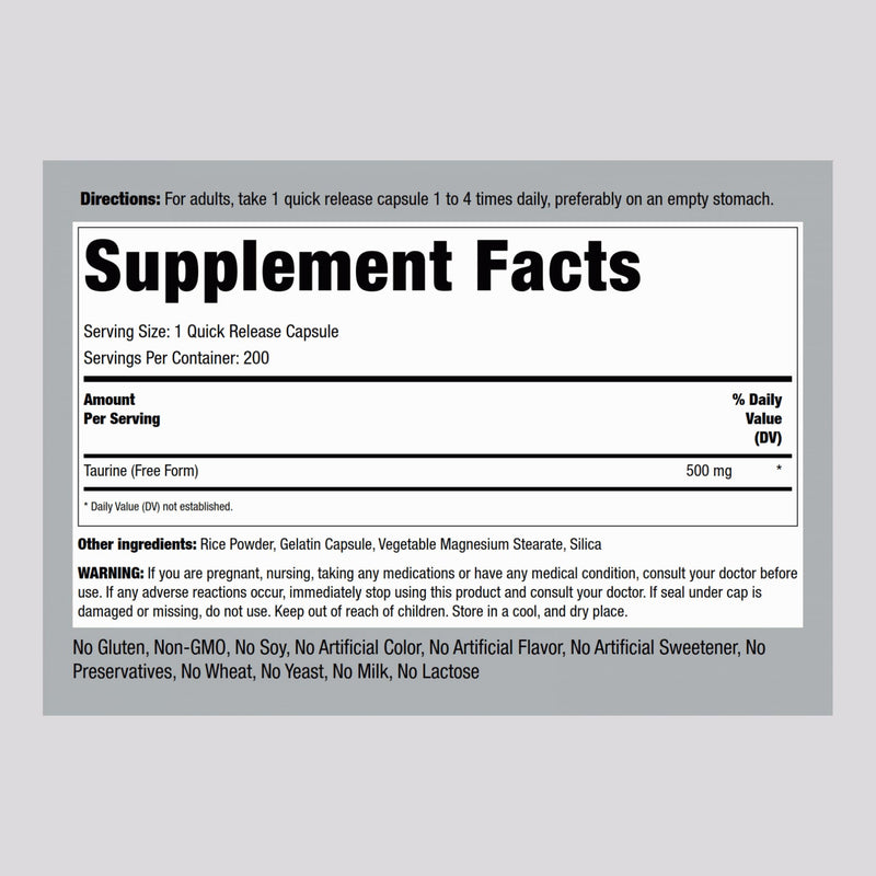 Piping Rock Taurine Supplement 500 mg | 200 Capsules | Amino Acid | Free Form | Non-GMO & Gluten Free (Pack of 2)