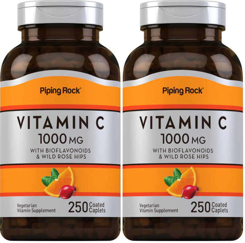 Piping Rock Vitamin C 1000mg - 250 Caplets | Bioflavonoids & Rose Hips | Vegetarian, Non-GMO, Gluten Free | Pack of 2