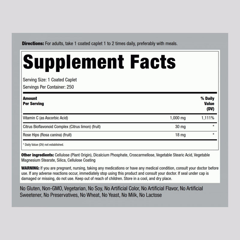 Piping Rock Vitamin C 1000mg - 250 Caplets | Bioflavonoids & Rose Hips | Vegetarian, Non-GMO, Gluten Free | Pack of 2