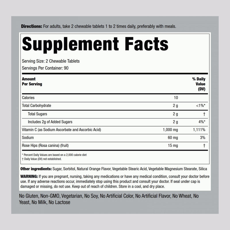 Piping Rock Vitamin C Chewable 1000mg – 180 Tablets (Orange) Pack of 2