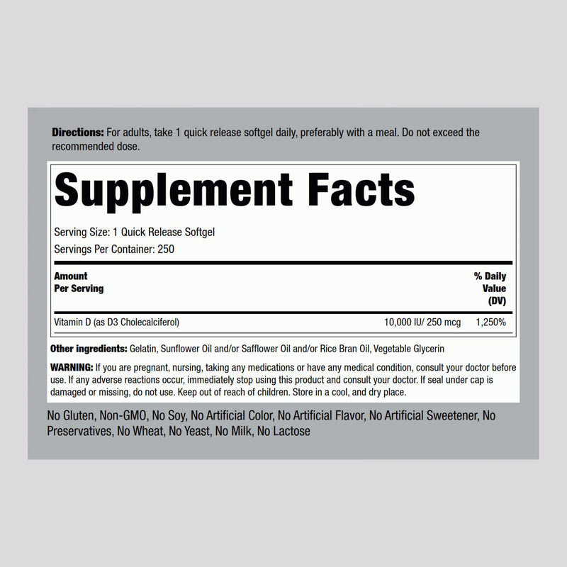 Piping Rock Vitamin D3 10,000 IU | 250 mcg, 250 Softgels | Pack of 2 | Non-GMO & Gluten Free