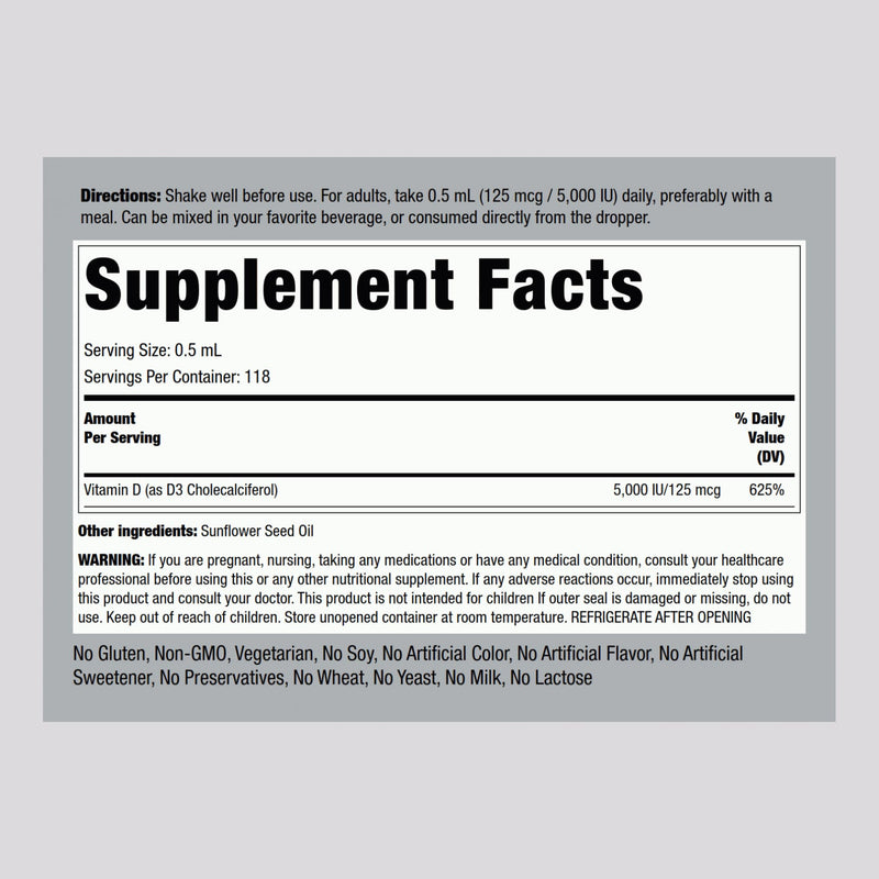 Piping Rock Vitamin D3 Liquid 5000 IU (125 mcg) - 2 oz | Vitamin D Drops for Adults | Vegetarian, Non-GMO, Gluten Free | Pack of 2