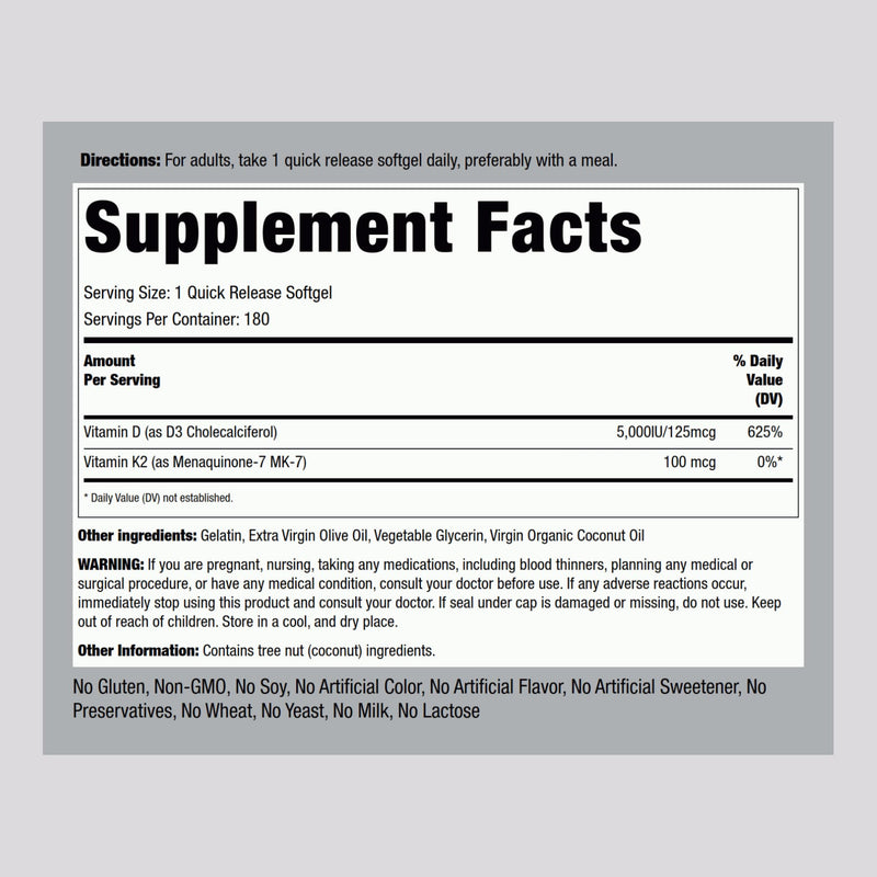 Piping Rock Vitamin K2 D3 MK7 – 100 mcg K2, 180 Softgels (Pack of 2) – Non-GMO, Gluten Free