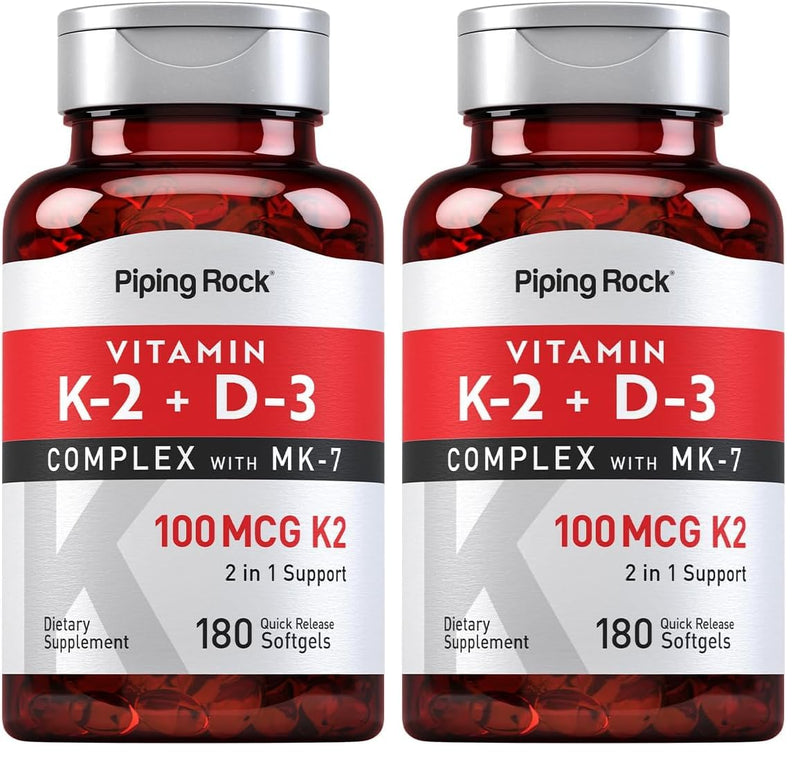 Piping Rock Vitamin K2 D3 MK7 – 100 mcg K2, 180 Softgels (Pack of 2) – Non-GMO, Gluten Free
