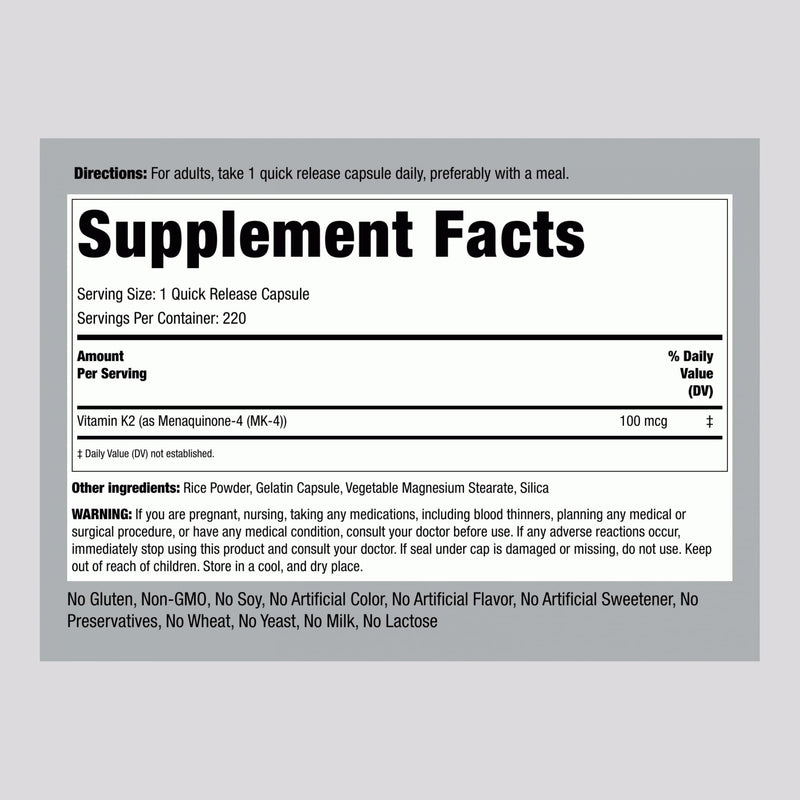 Piping Rock Vitamin K2 MK4 Supplement 100 mcg - 220 Capsules Pack of 2 | Non-GMO & Gluten Free