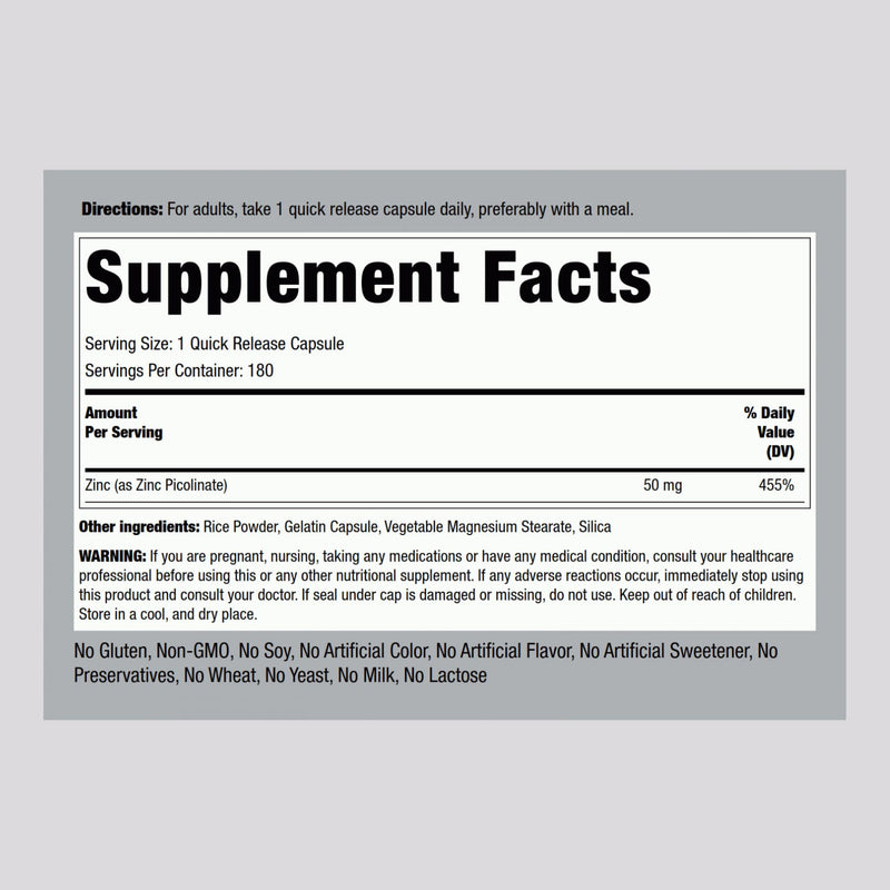 Piping Rock Zinc Picolinate 50mg - 180 Capsules (Non-GMO, Gluten Free)