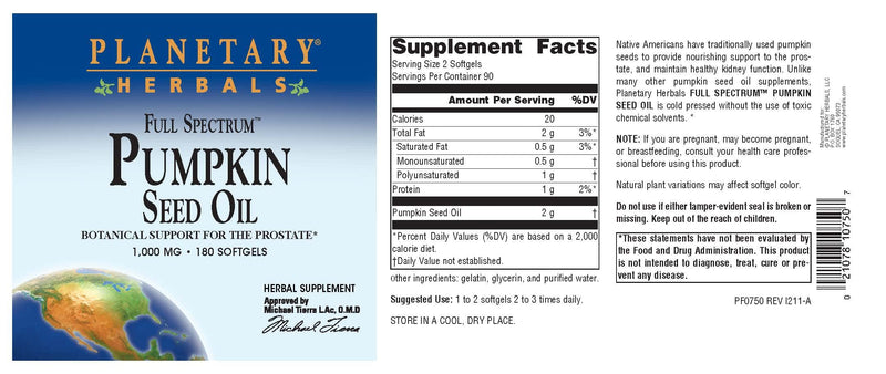 Planetary Herbals Full Spectrum Pumpkin Seed Oil 1000 mg - Prostate Support (180 Count)