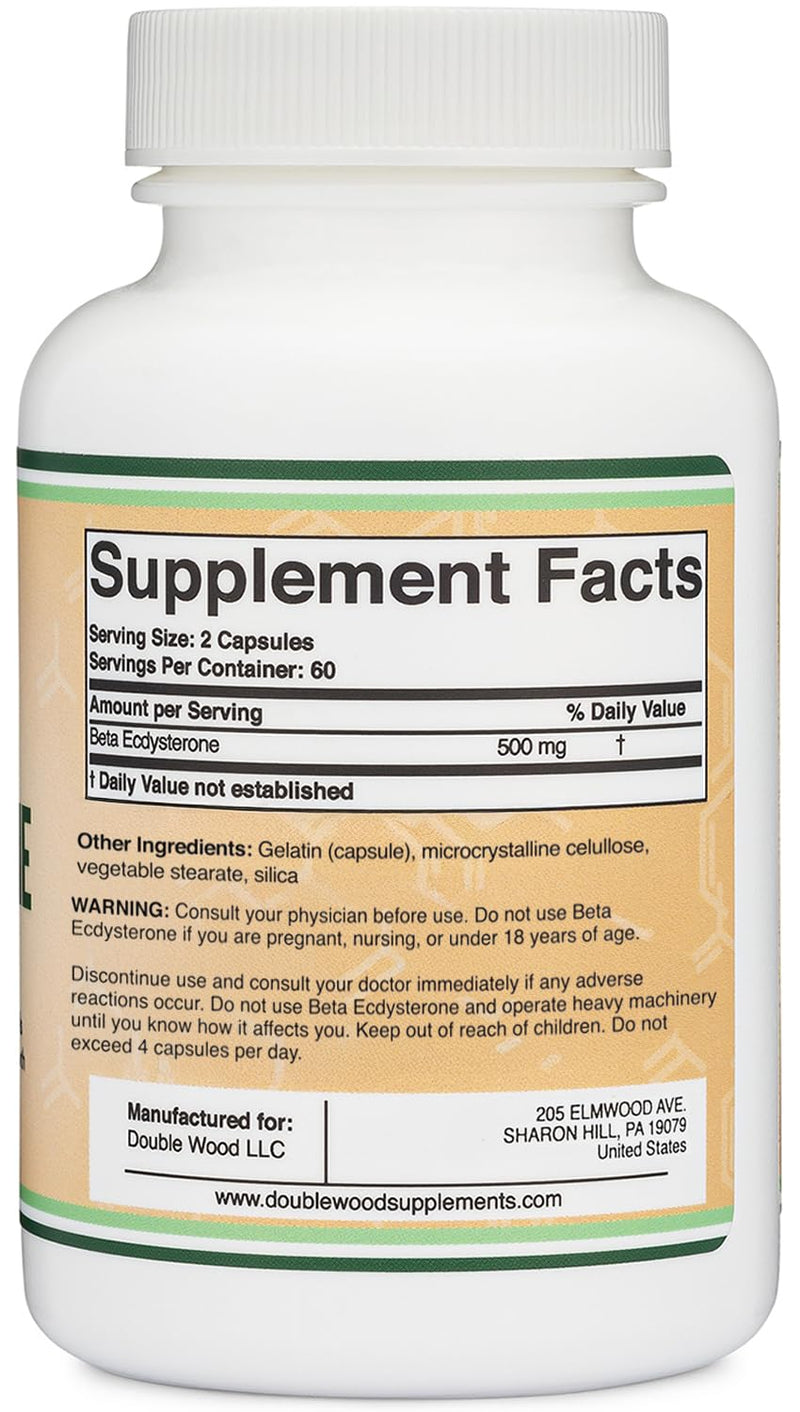 Double Wood Beta Ecdysterone Supplement - 500mg per Serving, 60 Servings, Non-GMO & Gluten Free