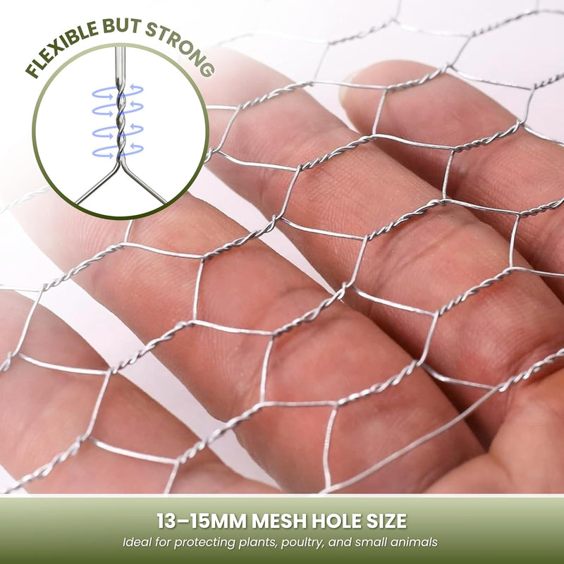 10m Galvanised Chicken Wire Mesh Roll with Fixings 13mm