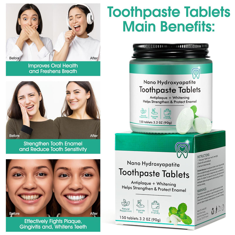 150P Toothpaste Tablets - Nano Hydroxyapatite, Fluoride & Plastic Free Travel Tabs (3.2 oz)