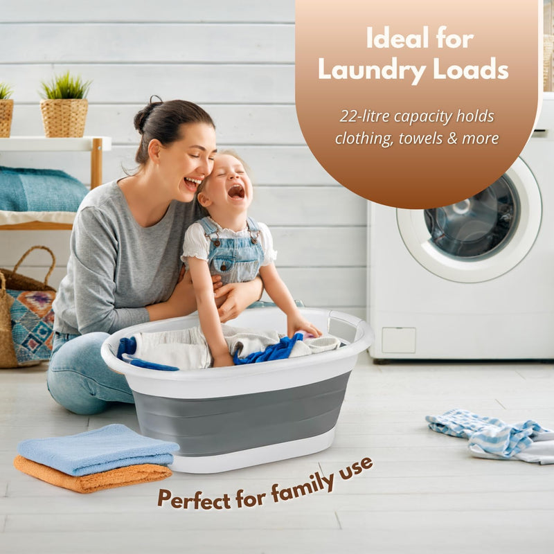 22L Collapsible Laundry Basket with Handles Space Saving Grey