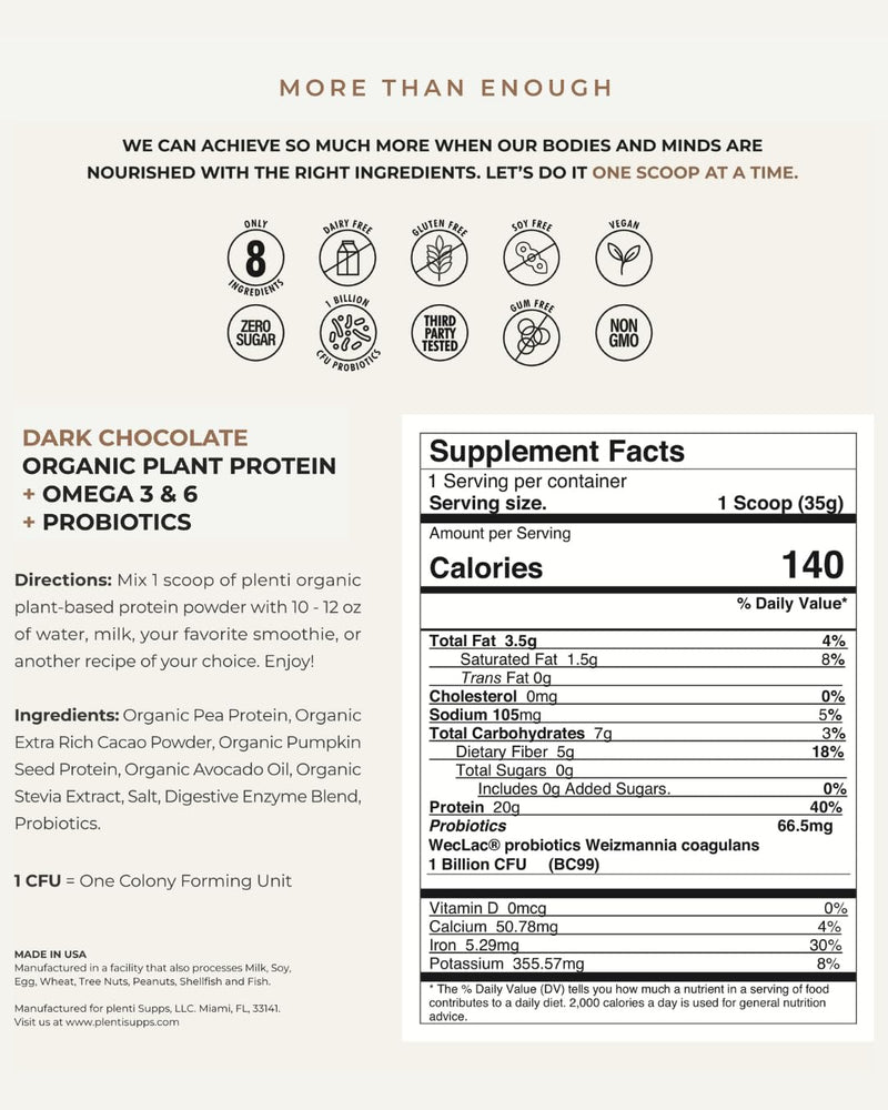 plenti Organic Plant-Based Protein Powder – Dark Chocolate, 27 Servings (2 lb) with 20g Pea Protein + Probiotics