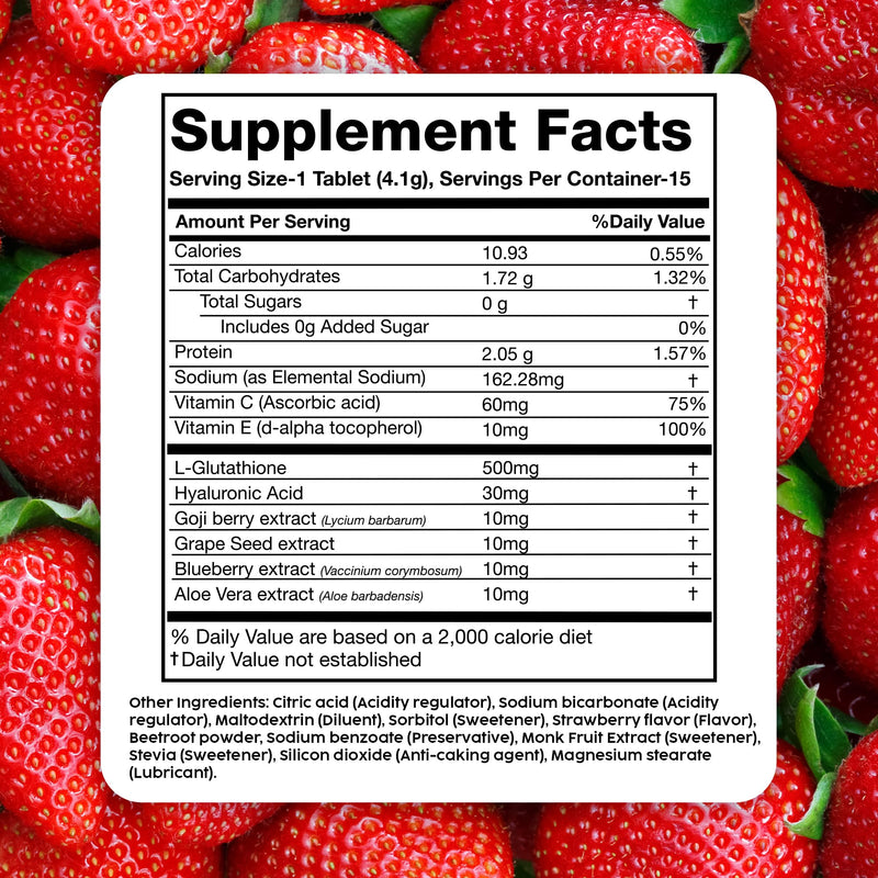 PLIX Glowy Skin 500mg Glutathione Supplement with Hyaluronic Acid, Vitamin C, E & Berries | 90 Effervescent Tablets, Strawberry Flavor