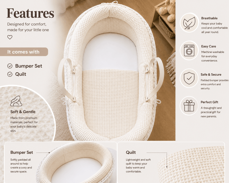 Pod White Waffle Moses Basket Bedding Set