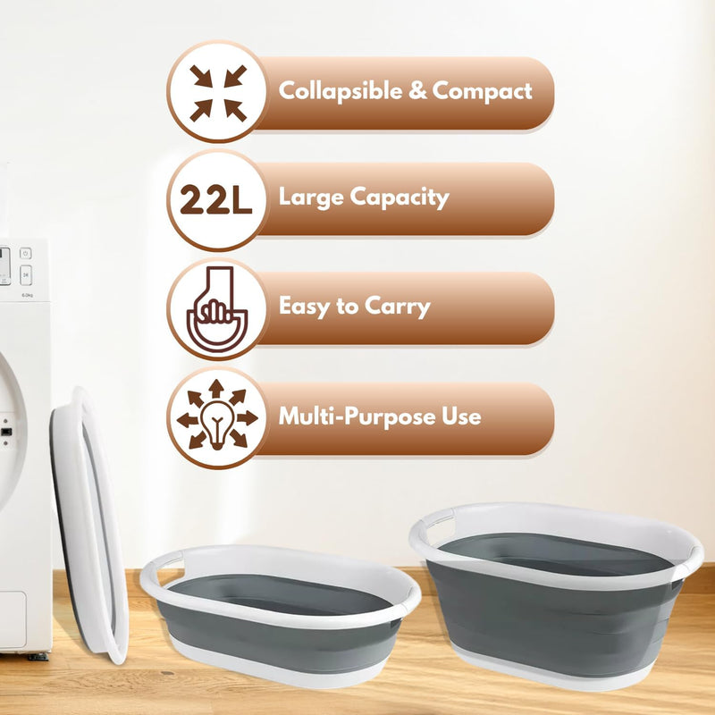 22L Collapsible Laundry Basket with Handles Space Saving Grey